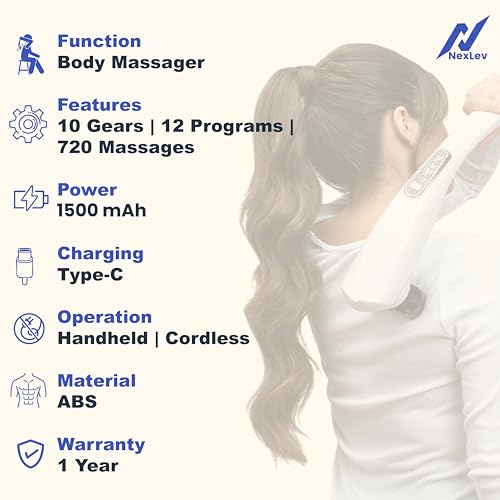 Image of NexLev Cordless Body Massager | Neck, Shoulder, Back, Legs & Thigh Pain Relief | 10 Intensity and 12 Modes | 8 Attachments | Deep Tissue Kneading for Complete Pain Relief | Charging Indicator | PM-01