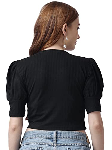 Image of POPWINGS Solid Ribbed Slim Fit Crop Tops for Women | Polycotton Stylish Western 3 /4 Puff Sleeves Casual and Summer Crop Tops for Women