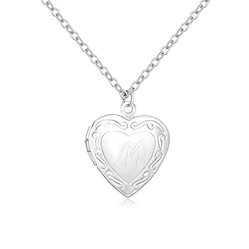 SENFAI Initial Alphabet Letter Heart Shaped Photo Frame Memory Locket Pendant Necklace 18 In (M, gold-plated-stainless-steel)