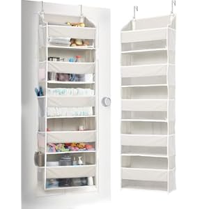ULG 1-Pack Over Door Organizer with 5 Large Pockets 10 Mesh Side Pockets, 44 lbs Weight Capacity Hanging Storage Organizer with Clear Window for Bedroom Bathroom Kitchen, RV, Camper, Beige