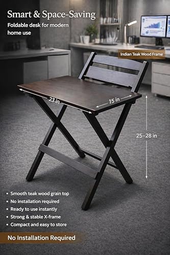 Image of fplus Teak Wood Adjustable Height Folding Table with Backboard Organizer| 25 inch-28 inch Multipurpose Side Table for Balcony, Garden & Study
