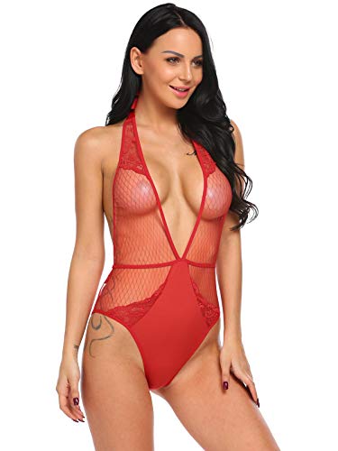 Meaneor_Fashion_Origin Damen Sexy Body Dessous Rückenfrei Spitze Bodysuit Negligee Reizwäsche Unterwäsche Babydoll Lingerie Erotic Nachtwäsche Dunkelrot XXL