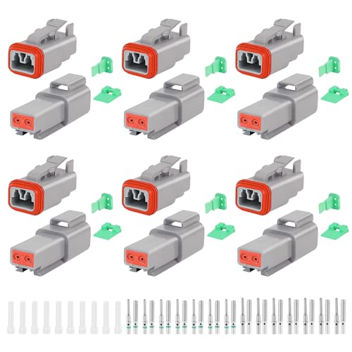 GKG DTK2 2 Pin Deutsch Connector Kit,6 Sets DT Deutsch Connector 2 Pin,Gray Waterproof Electrical Wire Connectors with 14 Pairs Size 16 Solid Contacts 14-20AWG for Car,Truck and Boat,etc