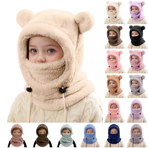 Pasamontañas para niños 3 en 1 cálido gorro de invierno con orejas para niños y niñas de 3 a 10 años, suave y acogedor, gorro de felpa a prueba de viento, máscara de esquí ajustable, para actividades