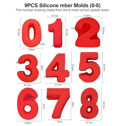 EILYGK 9 PCS 10 Inch Number Cake Tins Large Silicone 3D Number Cake Moulds for Baking(0-8)-Red, 10 Inches - Image 2
