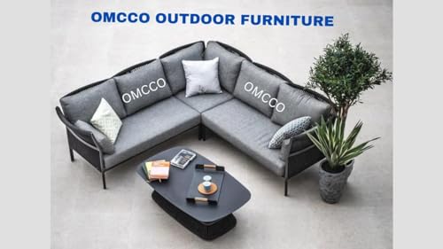 Image of OMCCOFurniture Outdoor-3 Pcs Rope L Shape Sofa Set in Grey Color Patio Sofa Set with Grey Cushions and Center Table for Garden or Balcony