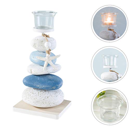 Garneck Nautical Stone Candle Holder Coastal Beach Pillar Candle Holder Candlestick Mediterranean Tea Light Stand Bowl For Tabletop Centerpiece Blue White #TOP3