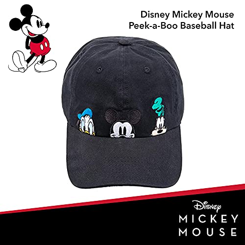 Concept One Disney Mickey Mouse And Friends Peek-A-Boo Embroidered Cotton Adjustable Dad Hat With Comic Strip Print Curved Brim, Black, One Size #TOP1