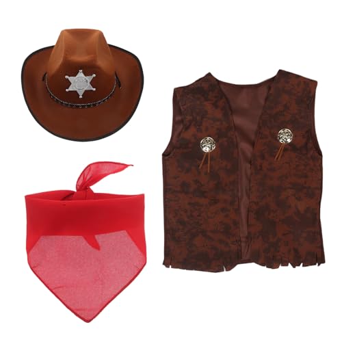 Disfraz Vaquero Infantil de 3 Piezas con Chaleco Marrón Sombrero y Bandana Talla XL