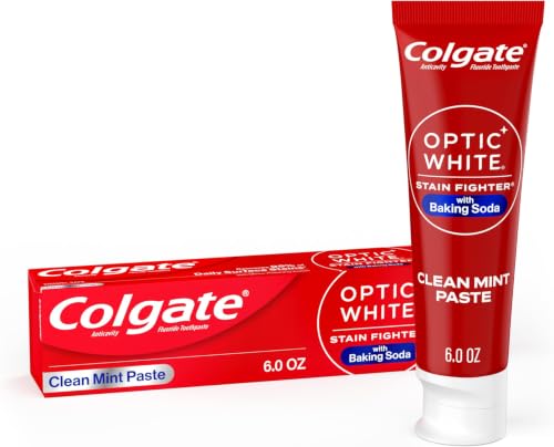 Image of Colgate Optic White Stain Fighter with Baking Soda Whitening Toothpaste, Clean Mint Flavor, Removes Surface Stains, Enamel-Safe for Daily Use, Teeth Whitening Toothpaste with Fluoride, 6 Oz Tube