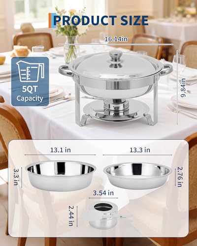 Stainless Steel Dish Set 4Pcs – Edelstahl rundes Chafing-Dish-Set, 4-teilig – 5 l Speisenwärmer aus Edelstahl,isolierter Buffet-Wärmebehälter mit Brennerhalterung