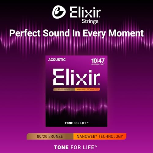 Image of Elixir Strings, Acoustic Guitar Strings, 80 /20 Bronze with NANOWEB Technology, Longest-Lasting Bright and Focused Tone For Life with Comfortable Feel, 12 String Set, Light 10-47