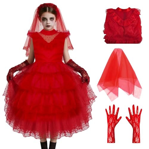 Solorass Halloween Braut Kostüm Damen Kinder Rote Braut Kostüm Gothic Horror Brautkleid Cosplay Set mit Handschuhen Schleier für Karneval Fasching Verkleidung (Weiblich, S)