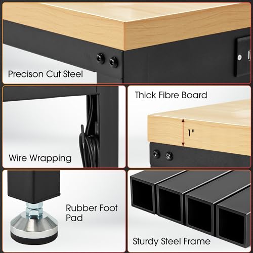 Adjustable Workbench 60\" 2000 Lbs Load Capacity Heavy Duty Wood Work Bench with Power Outlets, Smooth Surface Work Table for Garage, Workshop, Office, Home, Commercial