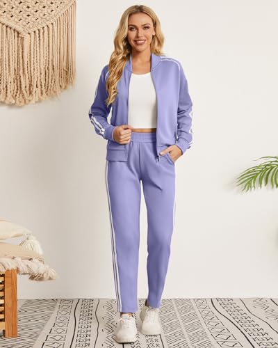 Women's Tracksuit 2 Piece Outfits Zip Striped Sportswear Long Sleeve Jogger Suits for Women with Pockets4