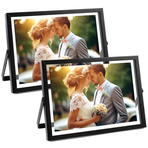 Golden State Art, 2 Pack, 5x7 Inch Metal Picture Frames, Floating Display for 4x6, 3x5 Photos, with Real Glass and Pull-Out Easel Stand for Tabletop Display (Horizontal) - Matte Black