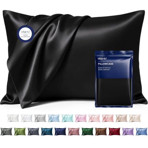 Image of MR&HM Satin Pillowcase for Hair and Skin, Silk Satin Pillowcase 2 Pack, King Size Pillow Cases Set of 2, Silky Pillow Cover with Envelope Closure (20x40, Black)
