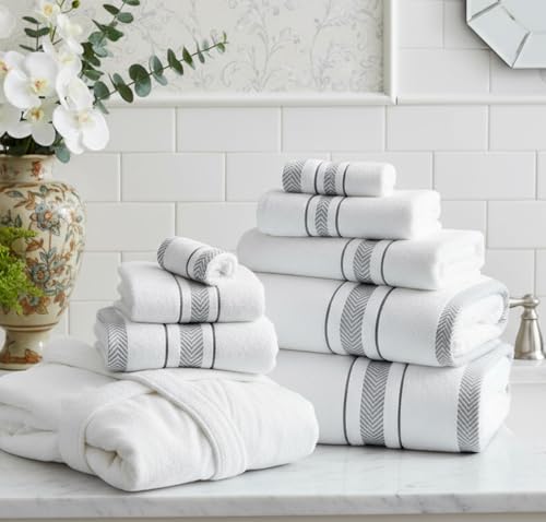 Bath Towel Set_White Towel For Bathroom, Luxury Hotel &Spa Quality, 100% Cotton .Includes 2 Large Bath Towels, 2 Hand Towels and 2 Washcloths.Super Soft, Absorbent & Decorative (White/Grey) - Image 4