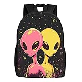 UIACOM Alien Backpacks Cool Yellow and Pink Aliens School Bags Travel Backpack Laptop School Bookbag Lightweight 17 inch Large Daypack Rucksack for Women Men Teens Kids, Colorful Splash