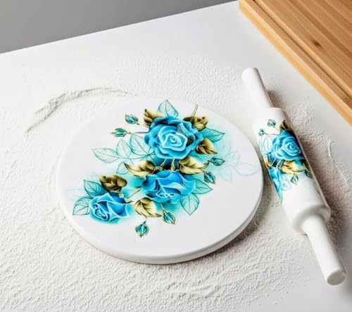 Image of Marble Chakla Belan Set - 25.4 cm Board / 30.5 cm Rolling Pin | Blue Roses Design | Traditional Roti Rolling Board and Pin Set | Smooth Finish Kitchen Tool for Chapati, Paratha & Puri