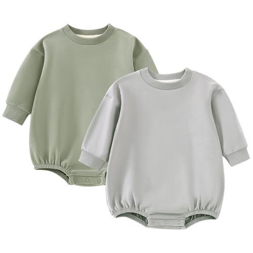 Image of Elaowoho Baby Boy Bubble Romper Organic Cotton Solid Long Sleeve Oversized Sweatshirt Romper Newborn Fall Winter Clothes