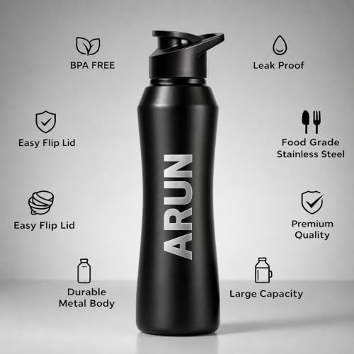 Image of Speedex Customised Engraved Name Stainless Steel Water Bottle 1 Ltr - Personalised Sipper Cap Bottle for Kids, Men & Women, School, Gym, Travel, Black, BIS Approved, Set of 1