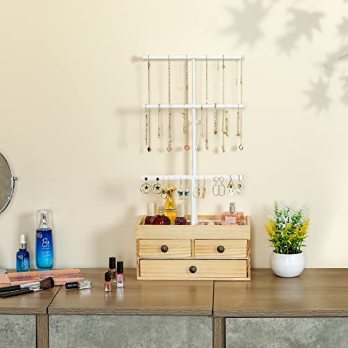 X-Cosrack Jewelry Stand Organizer 3 Tier Metal Jewelry Tree Holder With Wood Storage Box, Adjustable Height Holder Display For Necklaces Earrings Bracelets And Rings, White And Natural Wood Color #TOP6