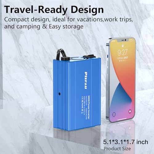 300W Power Inverter 12V DC to 110V AC Car Plug Adapter Outlet Converter with 4.2A Dual USB AC car Charger for Laptop Computer,Road Trip Essentials Camping Accessories (Blue)