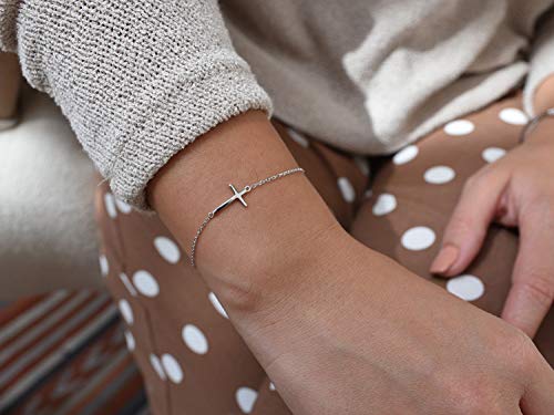 Dainty Sideways Cross Bracelet in Sterling Silver - Celebrity Style Horizontal Cross Bracelet2