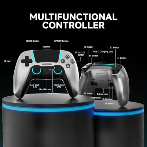 Image of ASRVA Chrome Silver Wireless Pro Controller for PS5 4 Back Buttons,Hall Effect No-Drift Joystick,Micro-Switch ABXY,6-Axis Gyro,Macro,1000mAh Battery,RGB,Compatible with PS5 /PC /Mobile