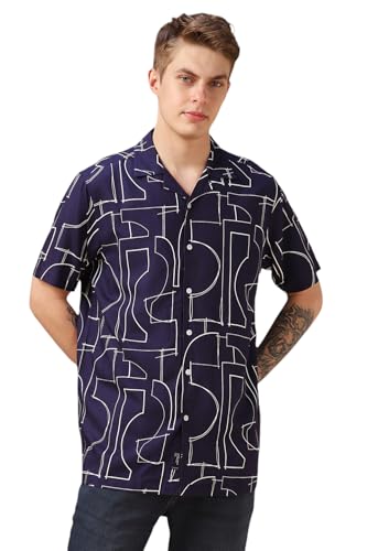 Image of Dennis Lingo Men Blue Printed Viscose Relaxed Fit Half Sleeve Shirts