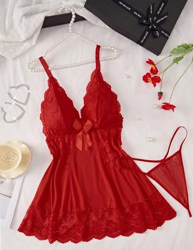 Image of Alrovetoney Women Plus Size Babydoll Lingerie Lace Chemise Mesh Sleepwear Strappy Sexy Nightgown Boudoir Outfit L-4XL
