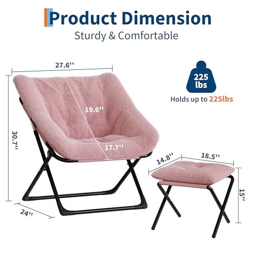 Comfy Chair, Oversized Faux Fur Foldable Lounge Chair for Adults, X-Large Saucer Chair with Sturdy Metal Frame, Plush Accent Chair for Bedroom, Living Room, Dorm - Pink