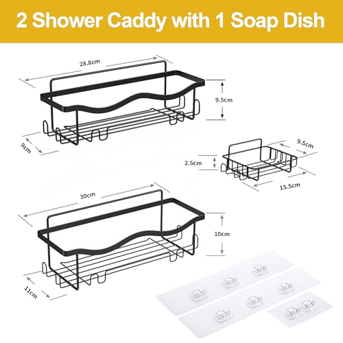 ALOCEO Shower Caddy 3 Pack, No Drilling Bathroom Wall Storage with Shower Soap Holder, Kitchen Organiser Shelf Rack, Black - Image 2