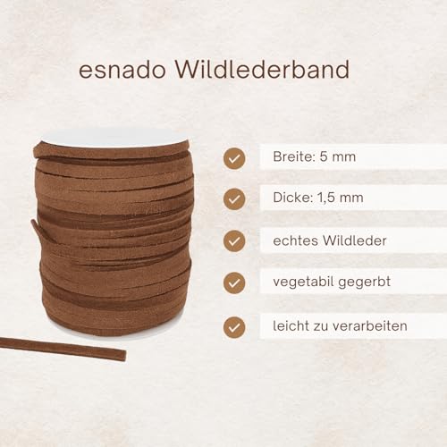esnado Wildlederband 5 mm in Naturbraun | 1 Meter – echtes Leder, 1,5 mm dick, weich & vegetabil gegerbt – Schmuckband für Armbänder, Basteln & DIY Projekte