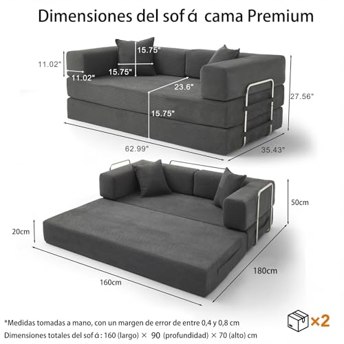 Miniatura 2 de 160cm Sofá Cama 2 Plazas con Espuma & Muelles para Salón,Gris | Modular,Versátil 5 en 1,Pana