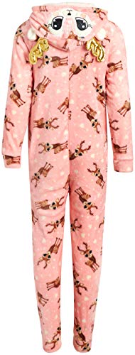 dELiAs Girls Coral Fleece Onesie Pajamas with Character Hood (Pink Reindeer, 10-12) - Thumbnail 2