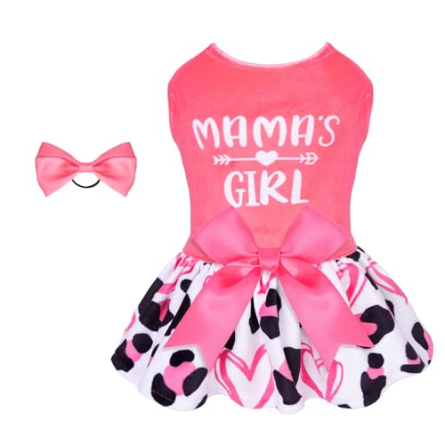 CuteBone Dog Dresses Velvet Mama's Girl Small Dogs Clothes Onesie Pet Apparel Girl Puppy Skirt with Bow Hair Rope