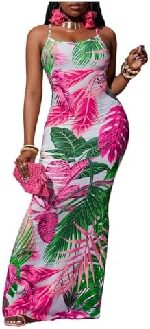 SOLY HUX Women's Tropical Print Maxi Dress Spaghetti Strap Bodyco...