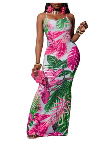 SOLY HUX Women's Tropical Print Maxi Dress Spaghetti Strap Bodycon