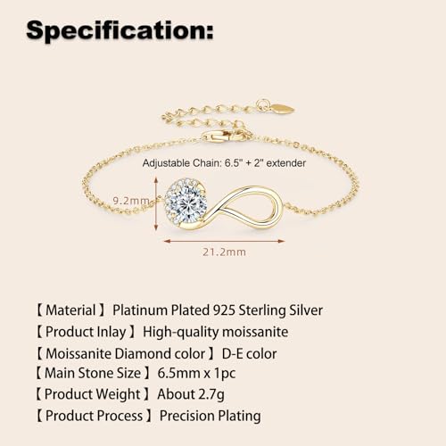 1ct Moissanite Infinity Bracelet, D Color VVS1 925 Sterling Silver Link Bracelet, Adjustable Chain for Women Wife Mom Birthday Jewelry Gifts3
