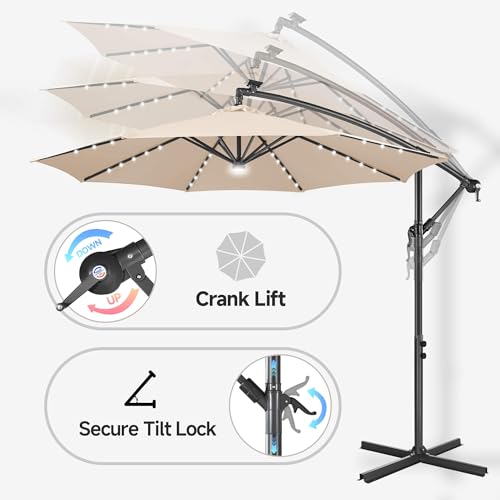 Image of Solar Offset Patio Umbrella - 10 FT Solar Cantilever Umbrella Outdoor with 40 LED Lights and Cross Base, UV Protection for Garden, Deck, Backyard, Pool, Porch, Beige