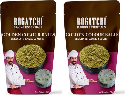 Image of BOGATCHI Golden Balls for Cake Decoration | Topping for Cake & Other Baking Items| Colored Sugar Confectionary | Cake Decorating Sprinkler |Gluten Free & Vegan |75g (Pack of 2)