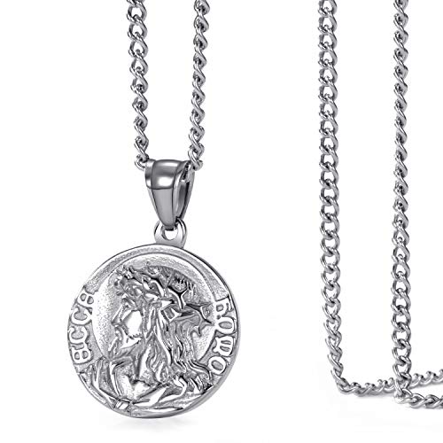 MOO&LEE Mens Stainless Steel Crown of Thorns Head of Jesus Christ Pendant Necklace Round Medal Prayer Coin Pendant with Link Chain3