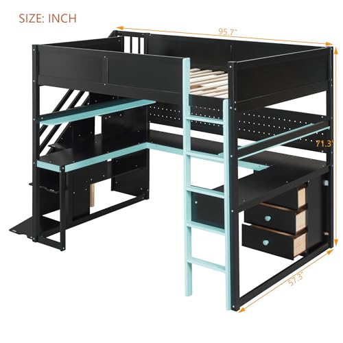 Image of Harper & Bright Designs Full Size Loft Bed with Desk and Storage Stairs, Shelves & Pegboard, Wooden Gaming Loft Bed Frame for Teens Adults Kids, Black+Blue