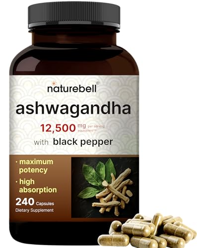 NatureBell Ashwagandha 12,500 mg Equivalent with Black Pepper, 240 Capsules | High Absorption Complex – Extra Strength 25:1 Root Extract – Adaptogens Supplements for Relaxation – Non-GMO