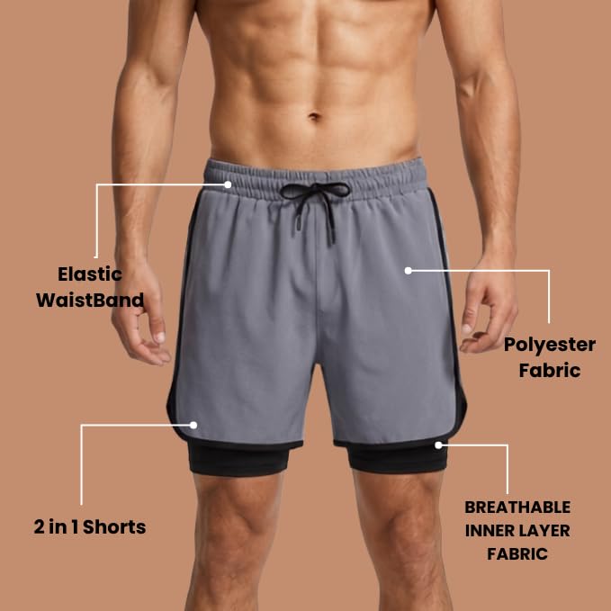Image of GRECIILOOKS Shorts for Men Running | 2 in 1 Shorts Men with Compression Shorts |Gym Shorts for Man Workout with Phone Pocket | Quick Dry Sports Shorts for Gym Training