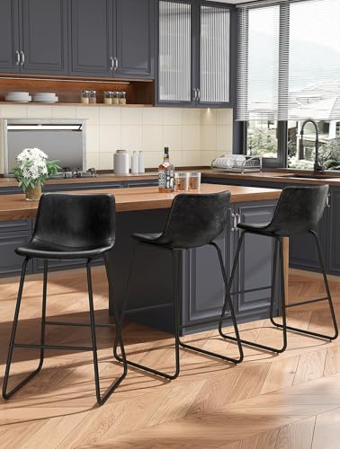Image of REONEY Bar Stools Set of 3, 26 inch Faux Leather Counter Height Stools, Black
