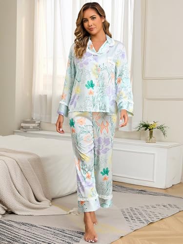 Image of Jusfitsu Women's Silk Satin Pajamas Long Sleeve Ruffle Button Down Pjs Sets