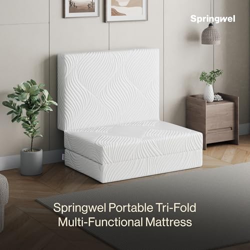 Image of Springwel Tri-fold Portable Mattress | Lightweight & Compact | Use for Extra Bedding, Travel and Lounging | Anti-Skid Base | Machine Washable Cover | White, 72x36x4 Inch